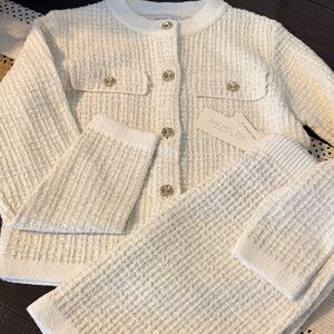 Rachel Zoe Ivory-Cream Textured Knit Cardigan & Skirt Set